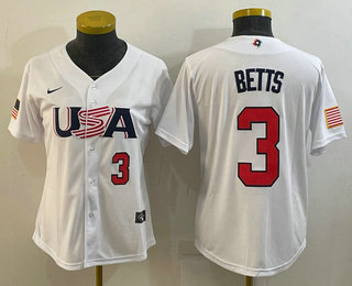 Womens USA Baseball #3 Mookie Betts Number 2023 White World Classic Replica Stitched Jerseys